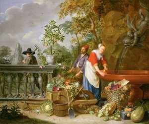 A Maid Washing Carrots at a Fountain with Two Gardeners at Work